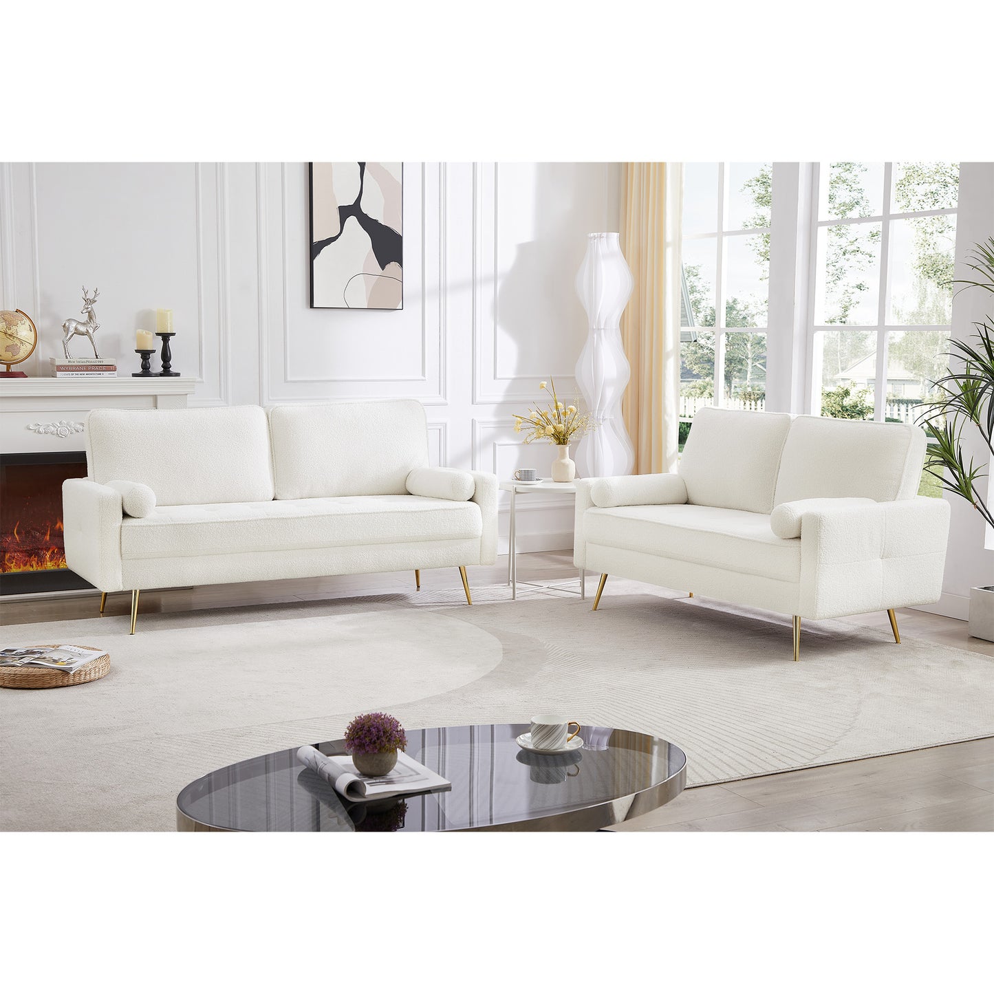 White 3 Seat Leather Sofa with 2 Pillow, Mid-Century Modern Tufted Couch