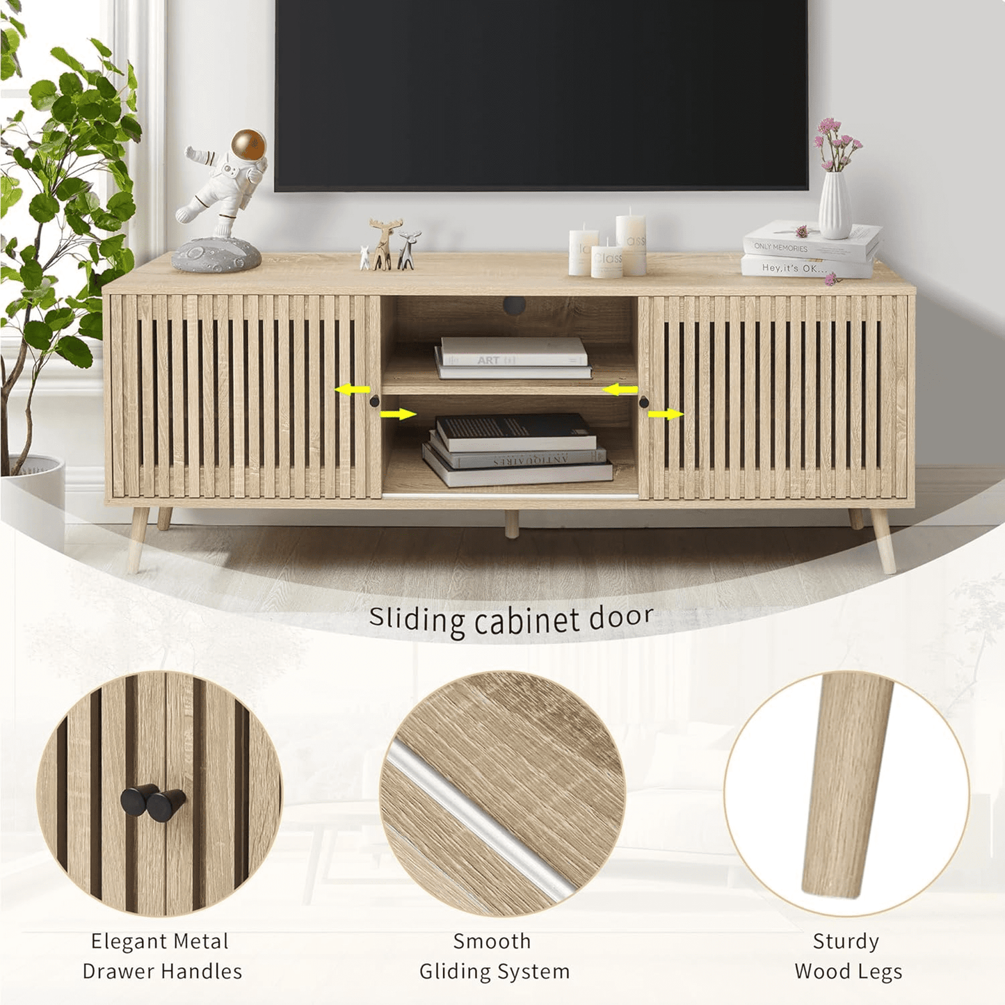 Tv Stand for TVs up to 70”, Wood TV Console with Waveform Sliding Doors and Storage