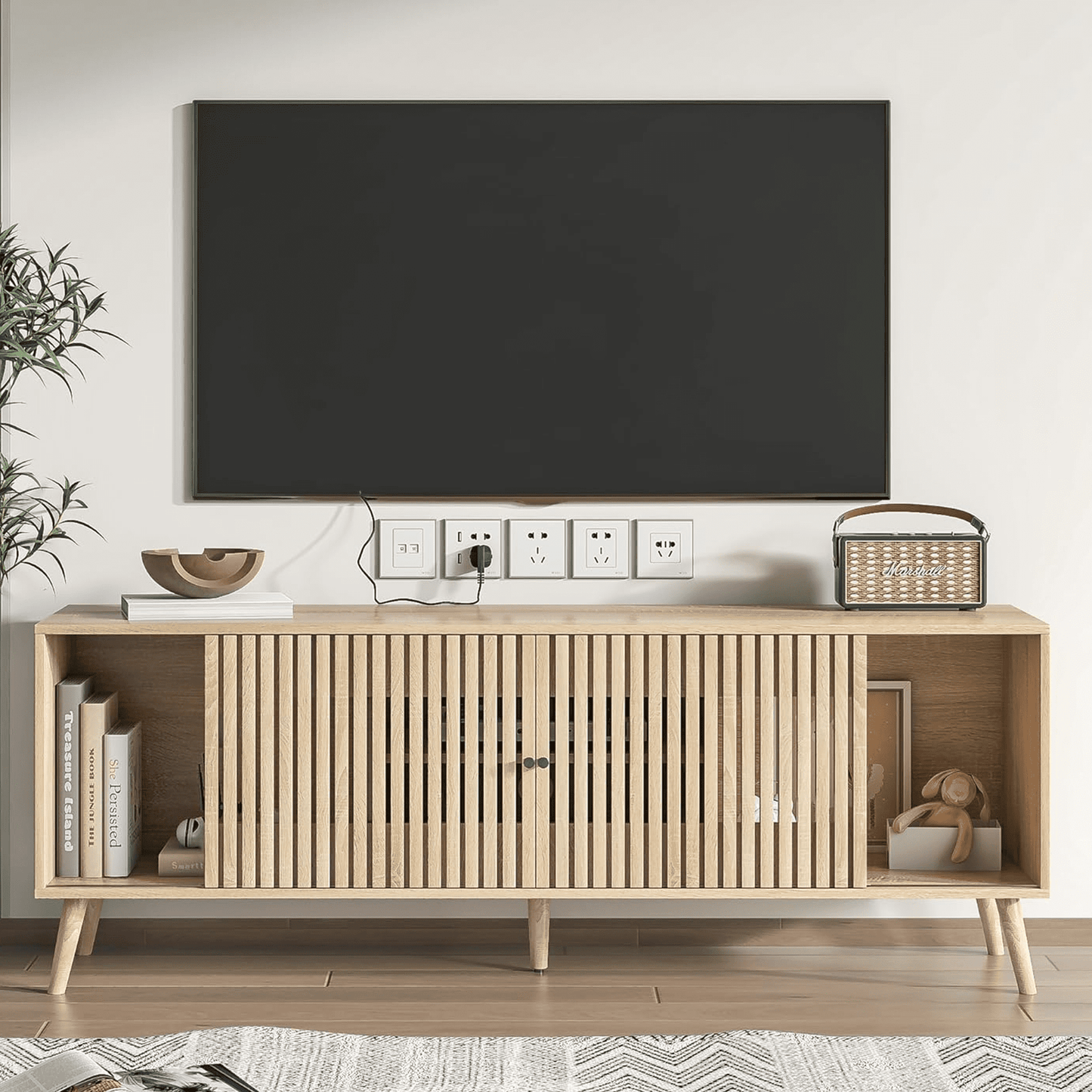 Tv Stand for TVs up to 70”, Wood TV Console with Waveform Sliding Doors and Storage