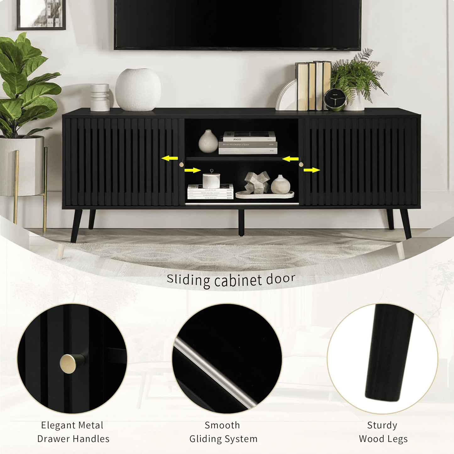 Tv Stand for TVs up to 70”, Wood TV Console with Waveform Sliding Doors and Storage