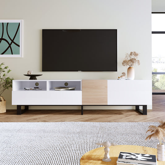 White Modern Tv Stand for 80'' Tv with Double Storage Space, Media Console Table, Entertainment Center with Drop Down Door for Living Room, Bedroom, Home Theatre