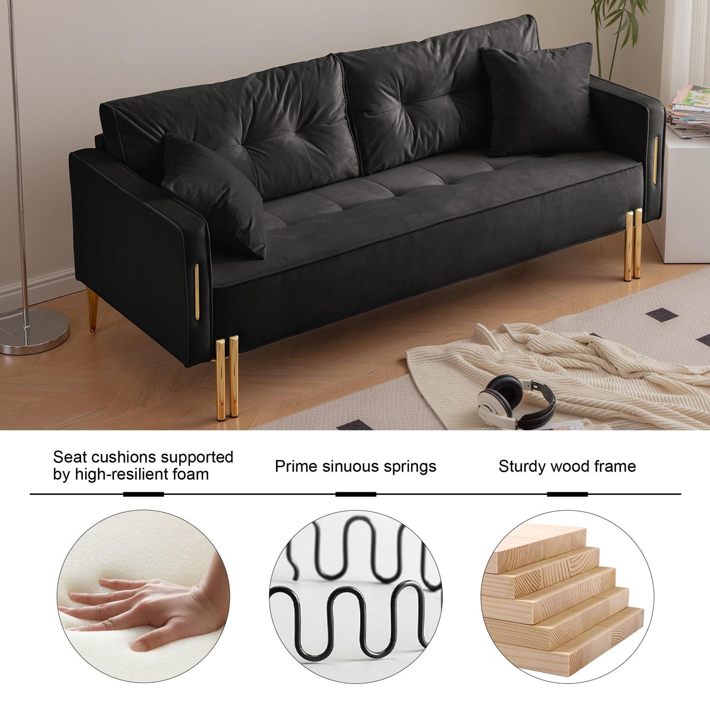 Atumon Velvet Sofa, 2-Seat Couches and Sofaes, Mid-Century Velvet Upholstered Sofa with Gold Metal Legs, Heavy Duty Sofa Furniture for Living Room Apartment Office