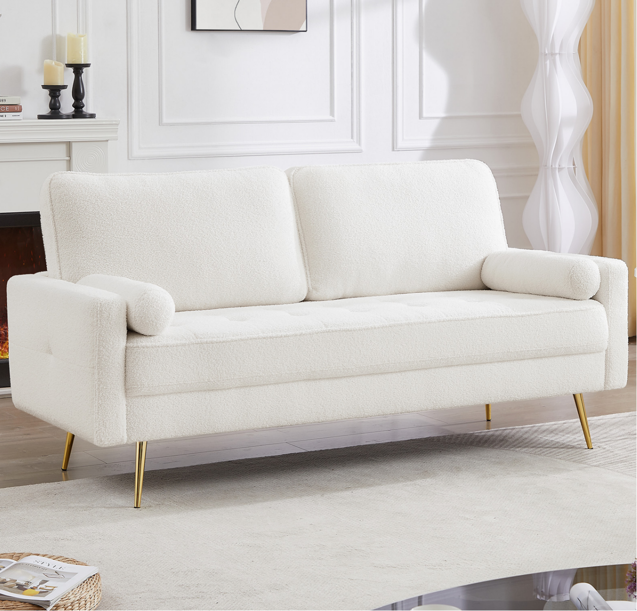 White 3 Seat Leather Sofa with 2 Pillow, Mid-Century Modern Tufted Couch