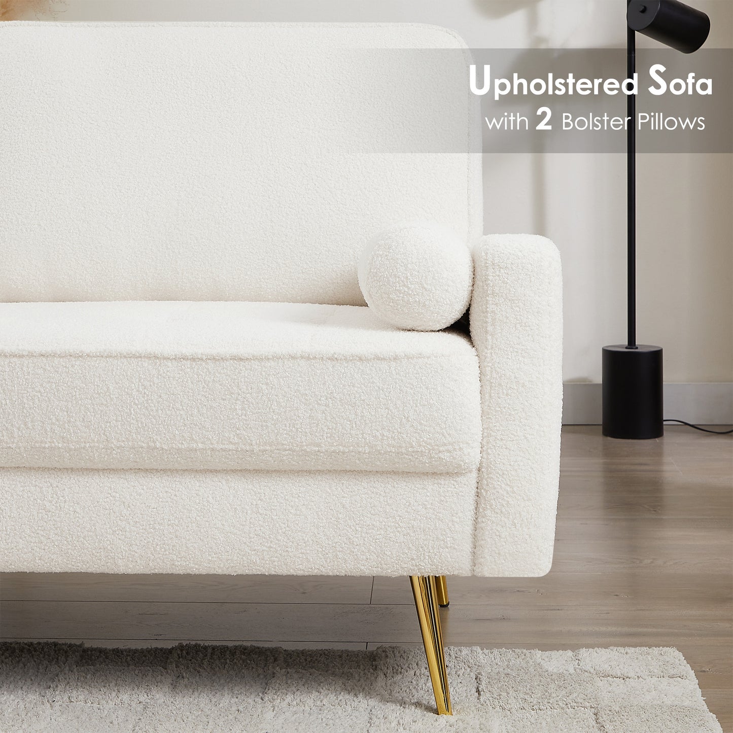 White 3 Seat Leather Sofa with 2 Pillow, Mid-Century Modern Tufted Couch