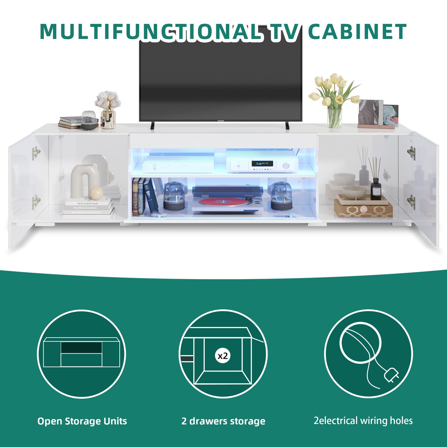 White Large LED TV stand for 75 inch TVs White High Glossy Media Center with 2 Cabinets and 1 Drawer for Living Room, 70"