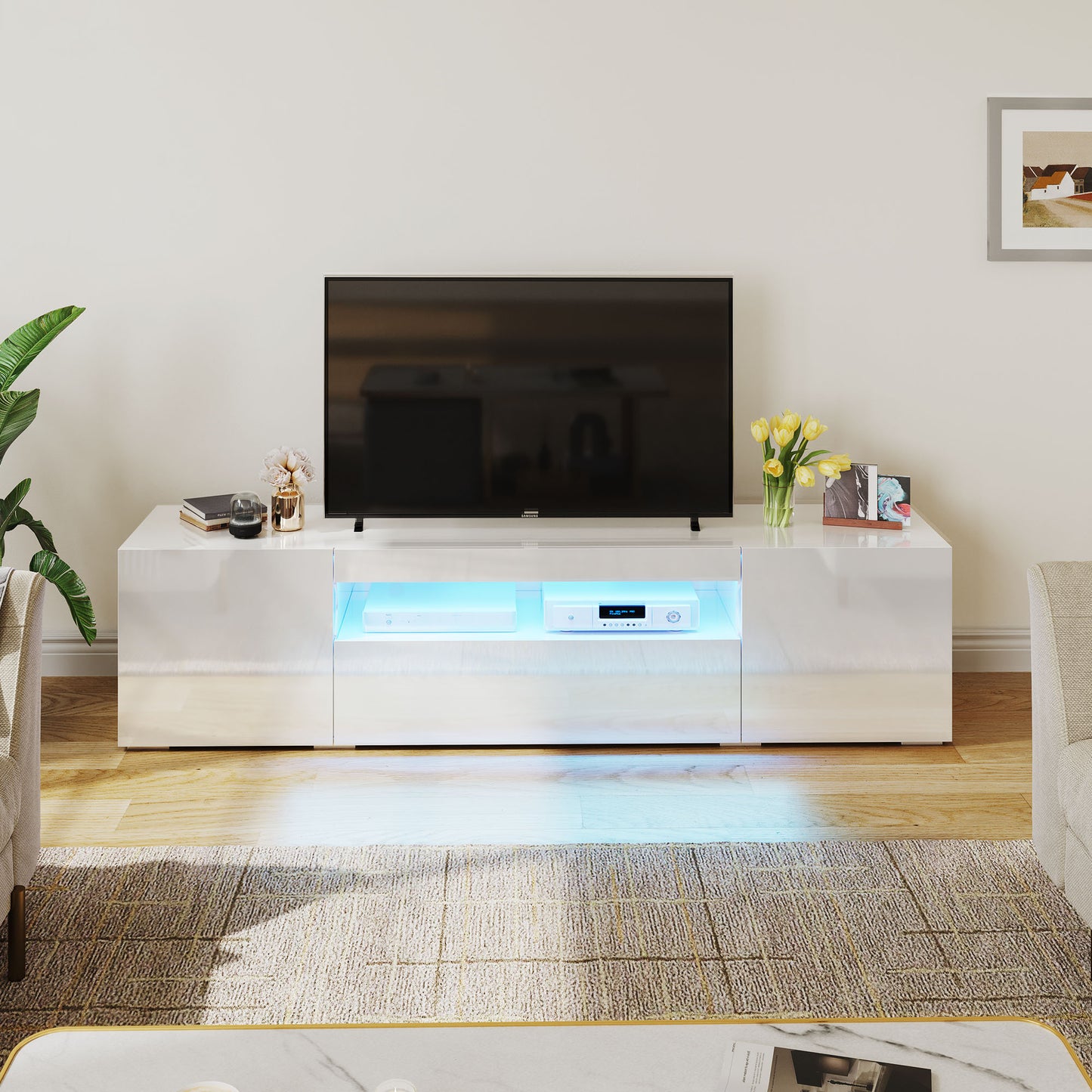 White Large LED TV stand for 75 inch TVs White High Glossy Media Center with 2 Cabinets and 1 Drawer for Living Room, 70"