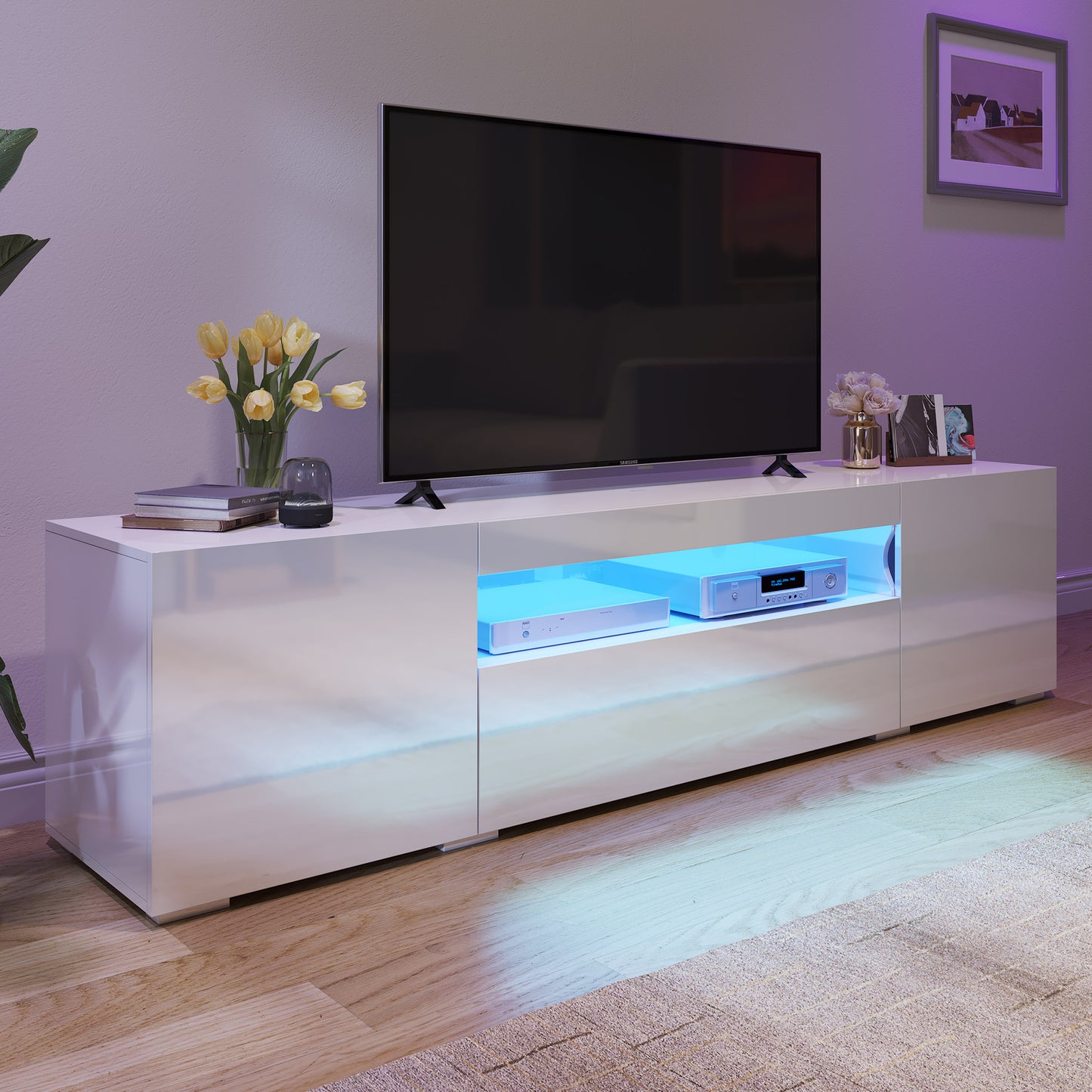 White Large LED TV stand for 75 inch TVs White High Glossy Media Center with 2 Cabinets and 1 Drawer for Living Room, 70"