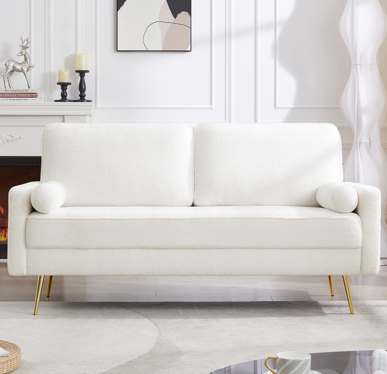 White 3 Seat Leather Sofa with 2 Pillow, Mid-Century Modern Tufted Couch