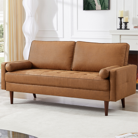 Brown Leather Sofa with 2 Pillow, Mid-Century Modern Tufted Couch