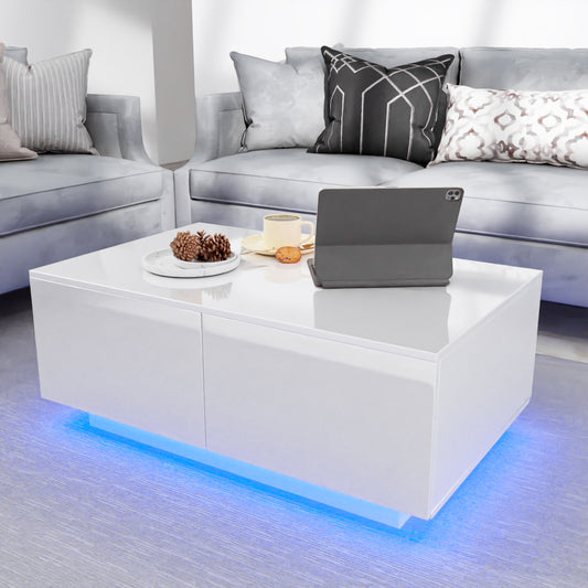 Rectangular LED Coffee Table with 4 Drawers High Gloss White Finish Modern Living Room Furniture