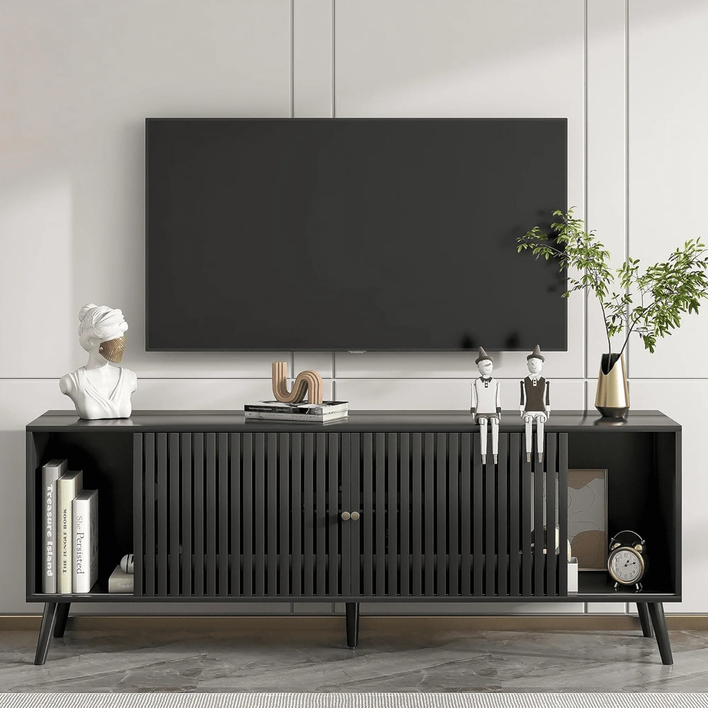 Tv Stand for TVs up to 70”, Wood TV Console with Waveform Sliding Doors and Storage