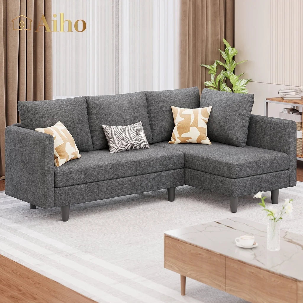 Aiho Sectional Sofa with Movable Ottoman, Convertible L Shaped Couch with 4 Pillows