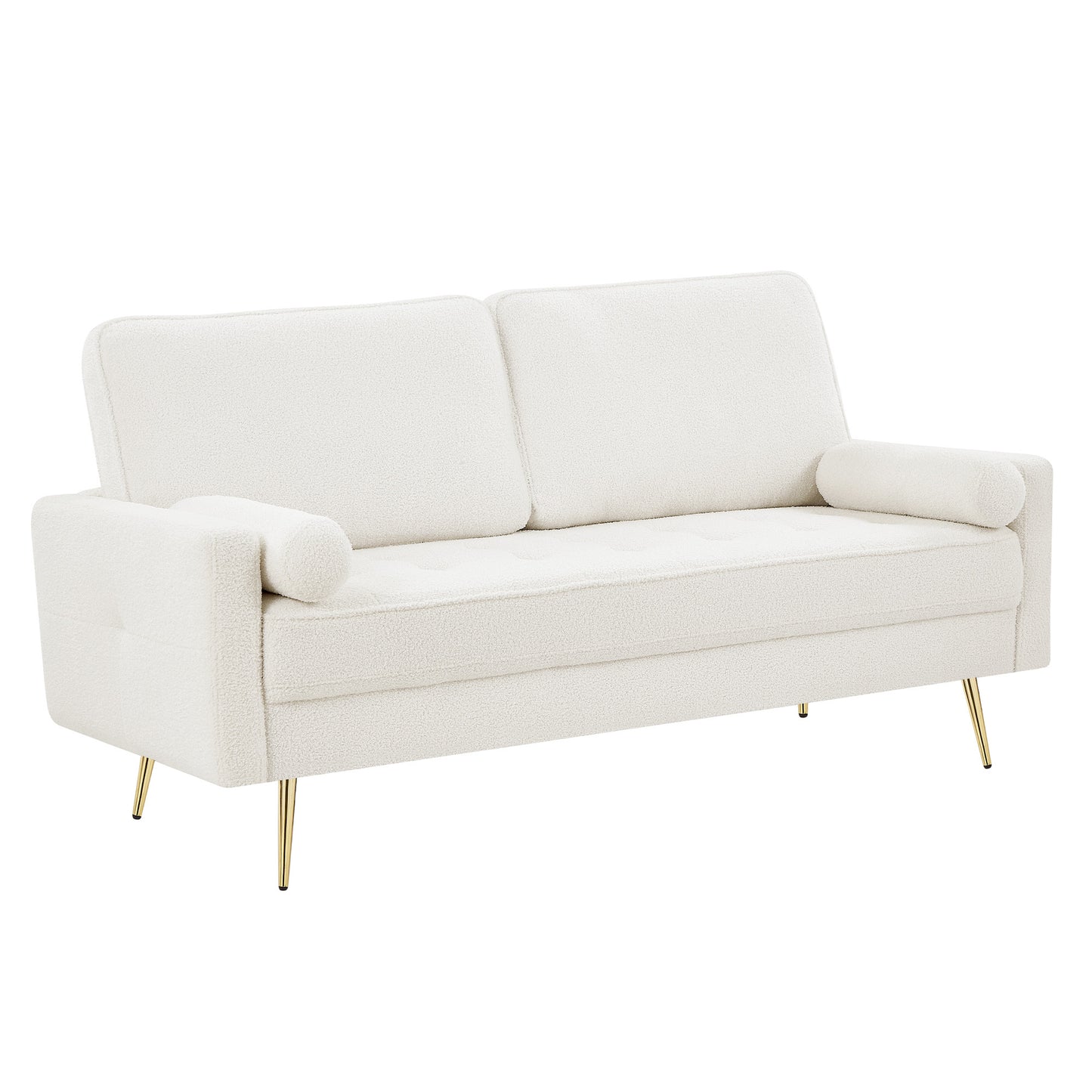 White 3 Seat Leather Sofa with 2 Pillow, Mid-Century Modern Tufted Couch