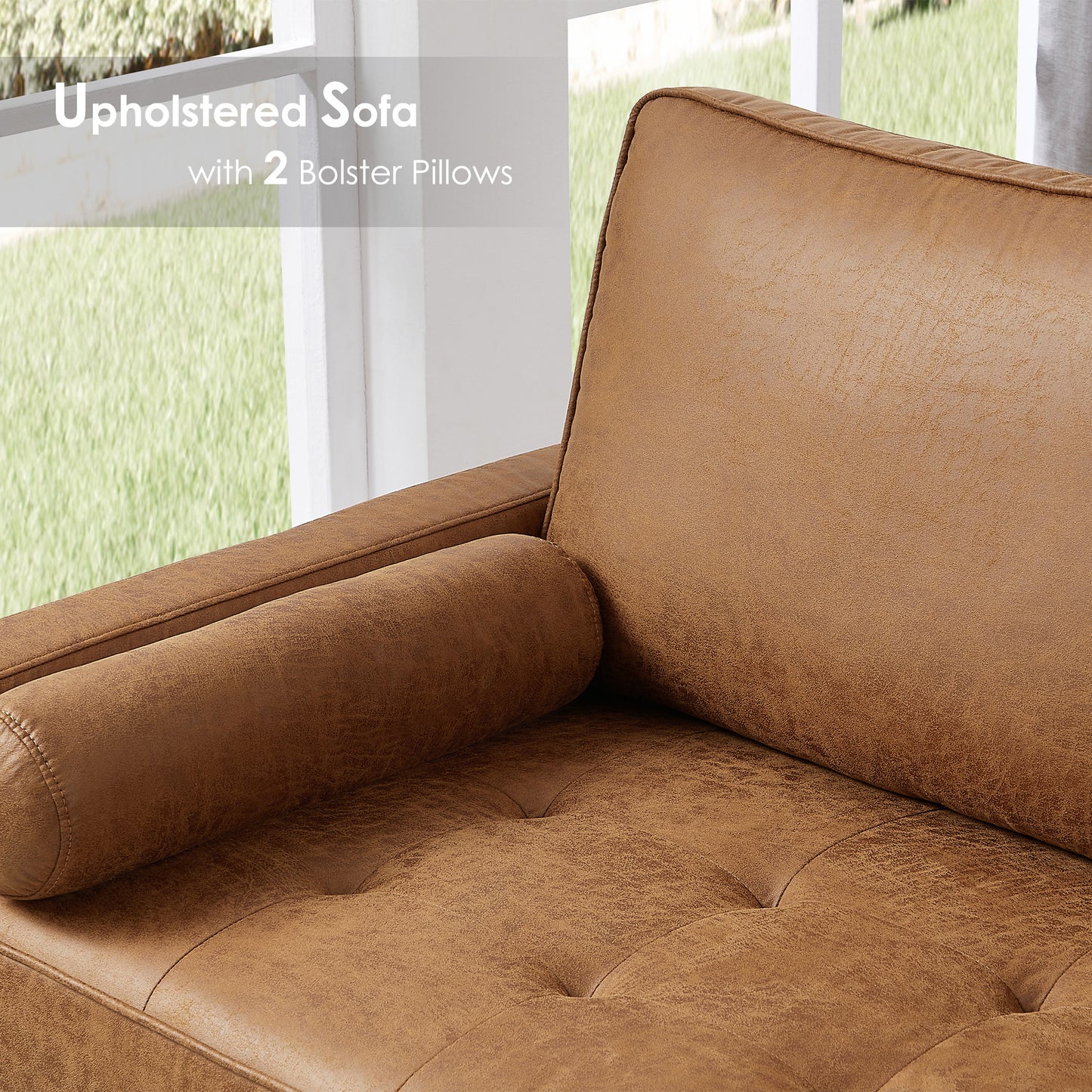 Brown Leather Sofa with 2 Pillow, Mid-Century Modern Tufted Couch