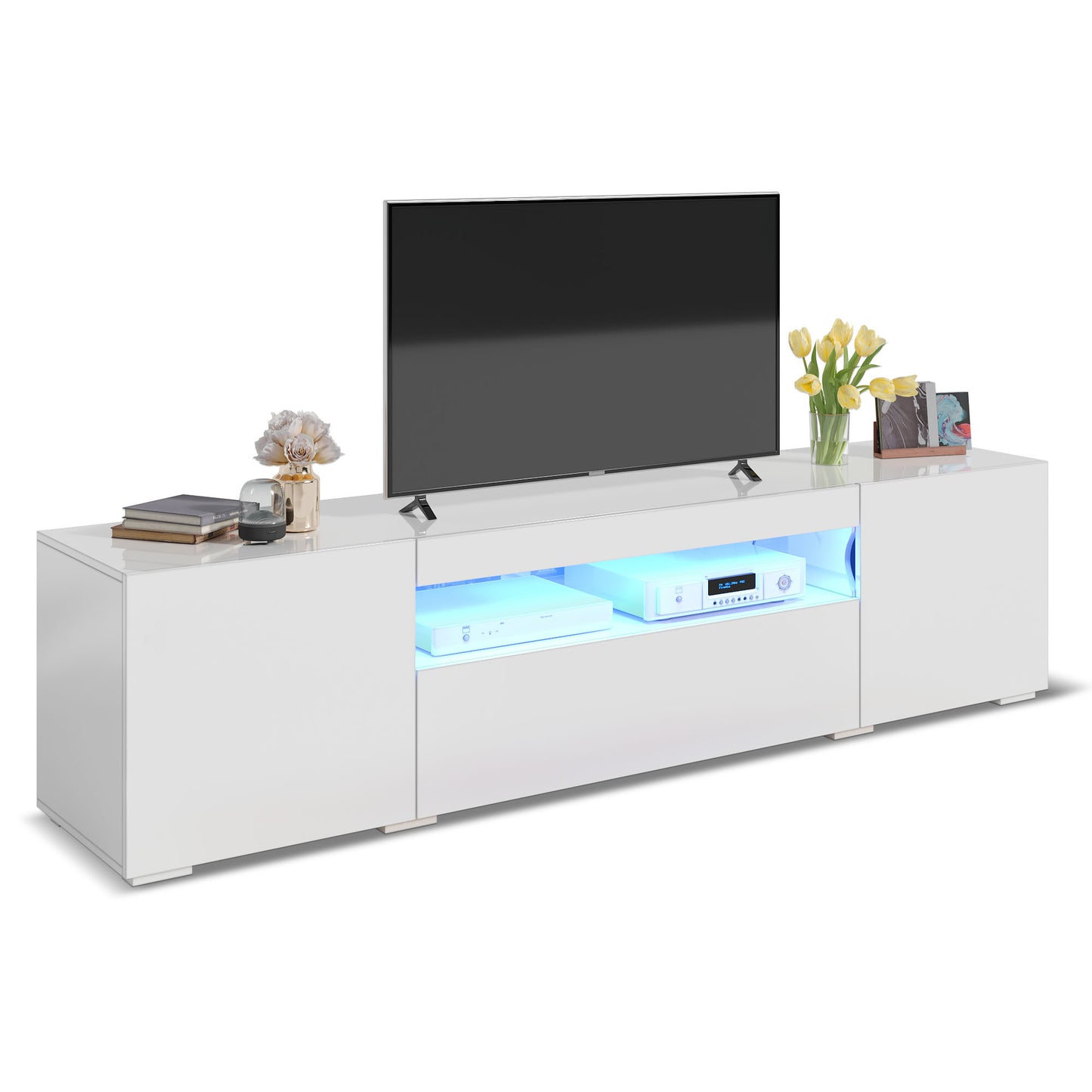 White Large LED TV stand for 75 inch TVs White High Glossy Media Center with 2 Cabinets and 1 Drawer for Living Room, 70"