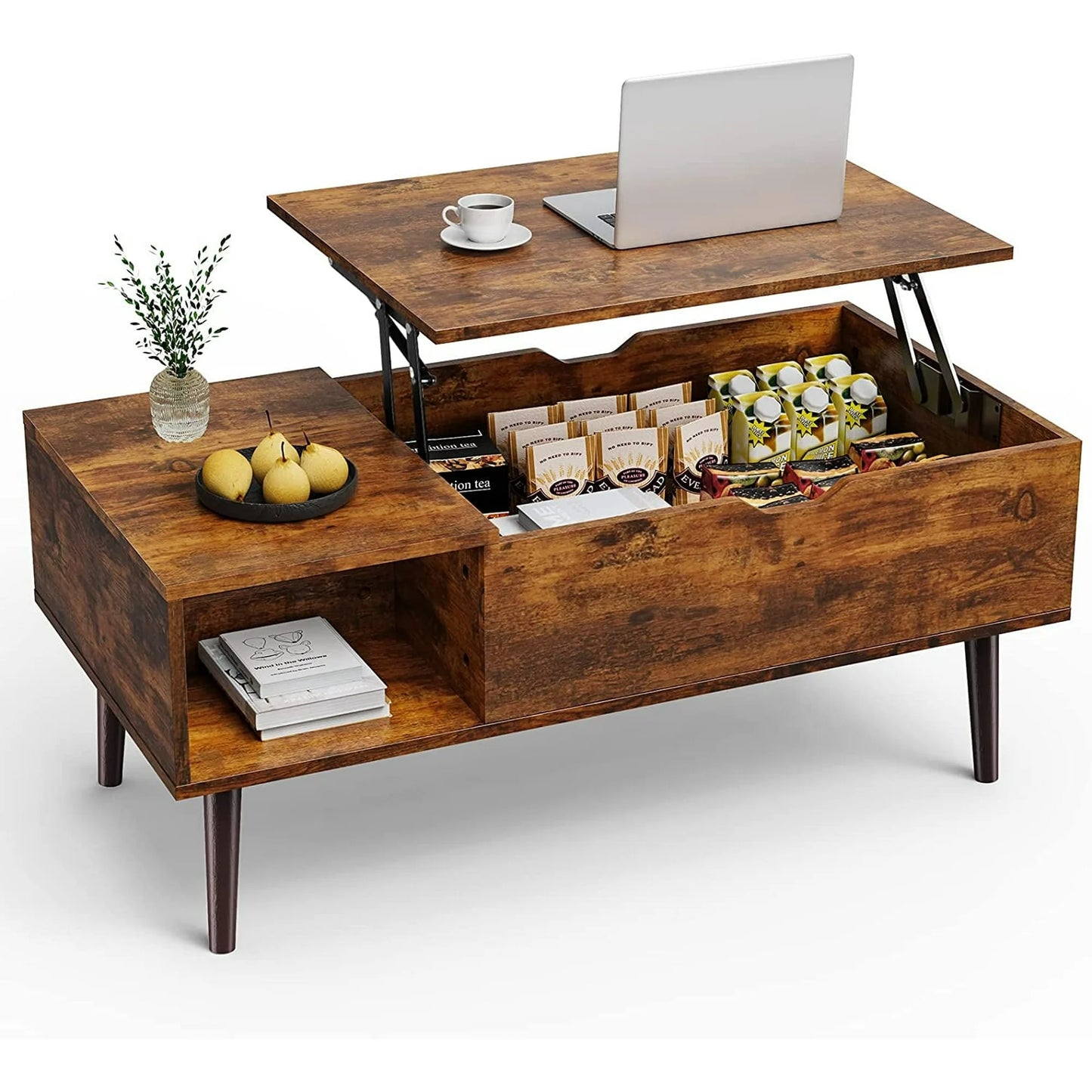 Adjustable Height Wooden Coffee Table with Hidden Compartments and Shelves